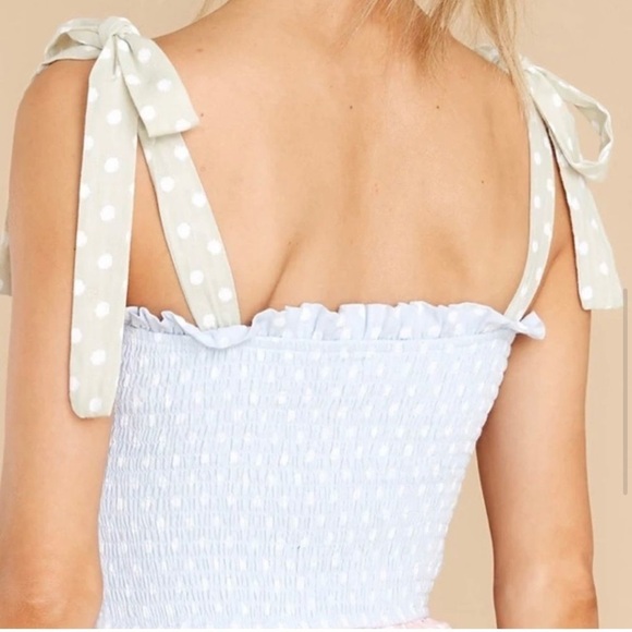 Storia Smocked Pastel Polka Dotted Tiered Smocked Mini Dress Size Medium - Picture 5 of 9